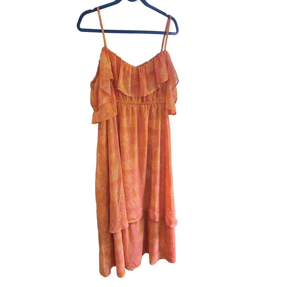 Marissa‎ Olivia Orange Pink Tropical Leaf Ruffle Cold Shoulder Midi Dress Large